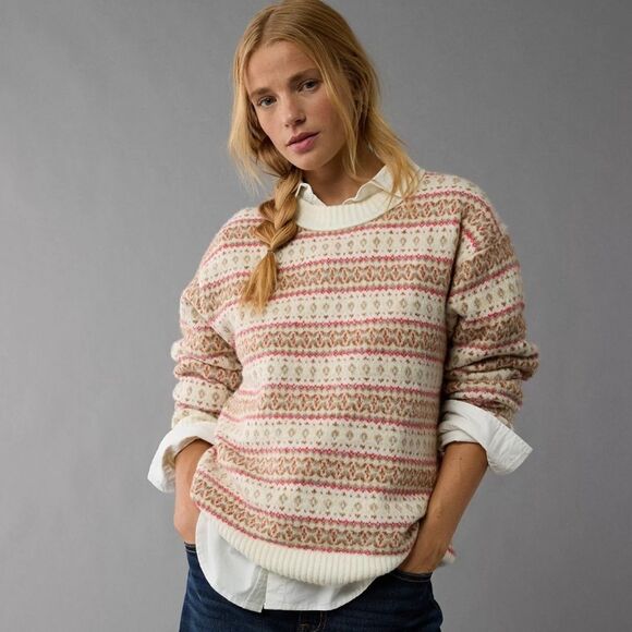 AE Whoa So Soft Fair Isle Crewneck Relaxed Knit Cream Tan Red Preppy Sweater - Picture 1 of 16